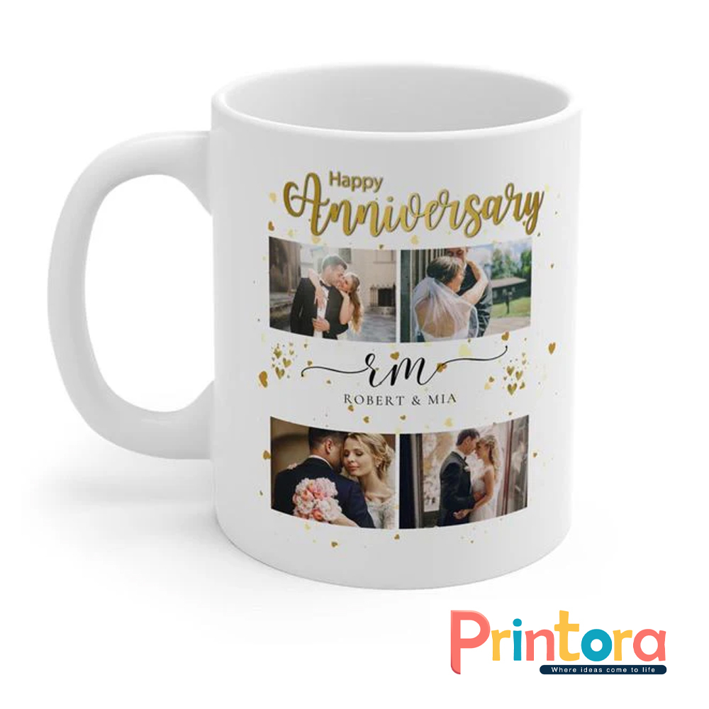 Customized anniversary white mug with couple photo print and personalized names