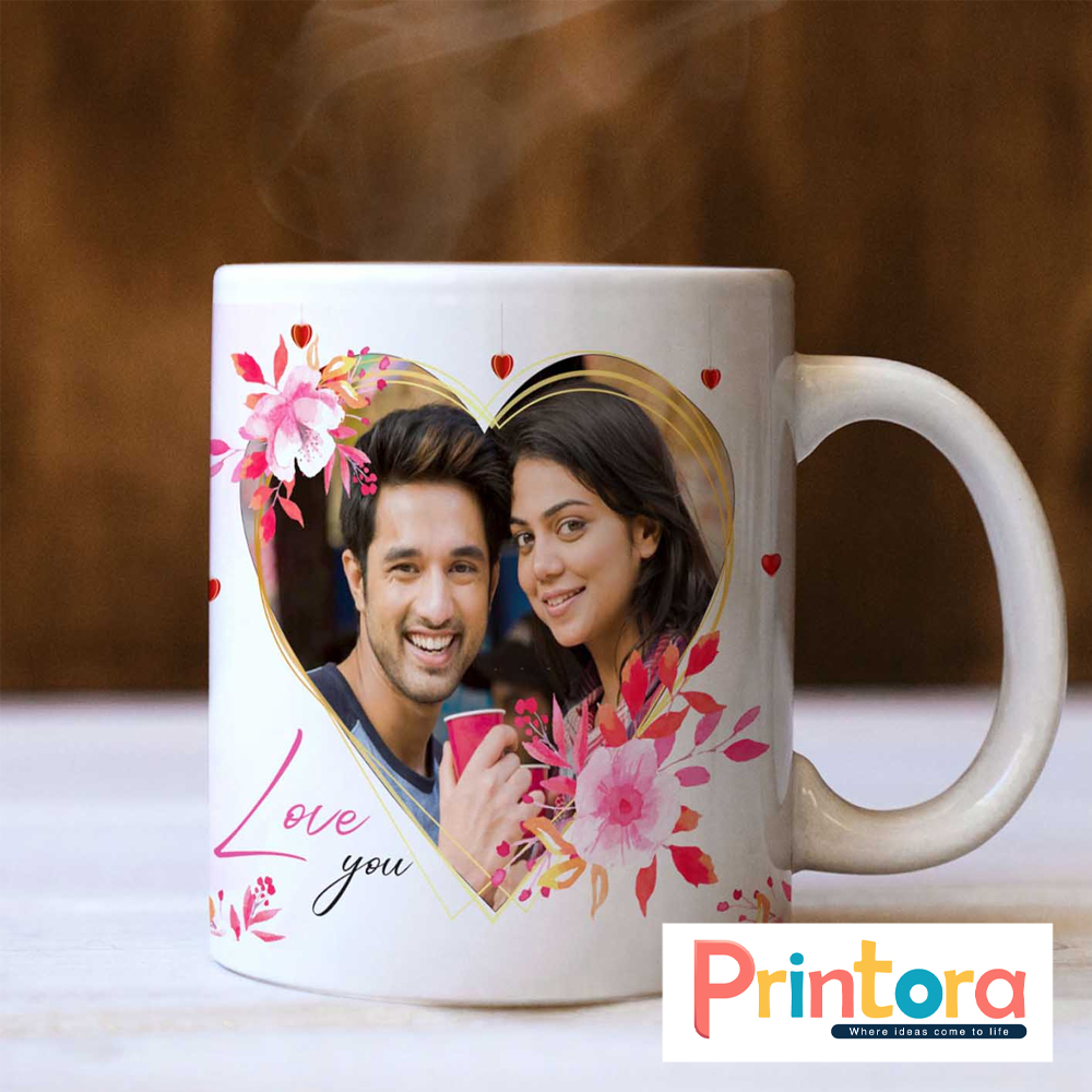 Customized anniversary white mug with couple photo print and personalized names