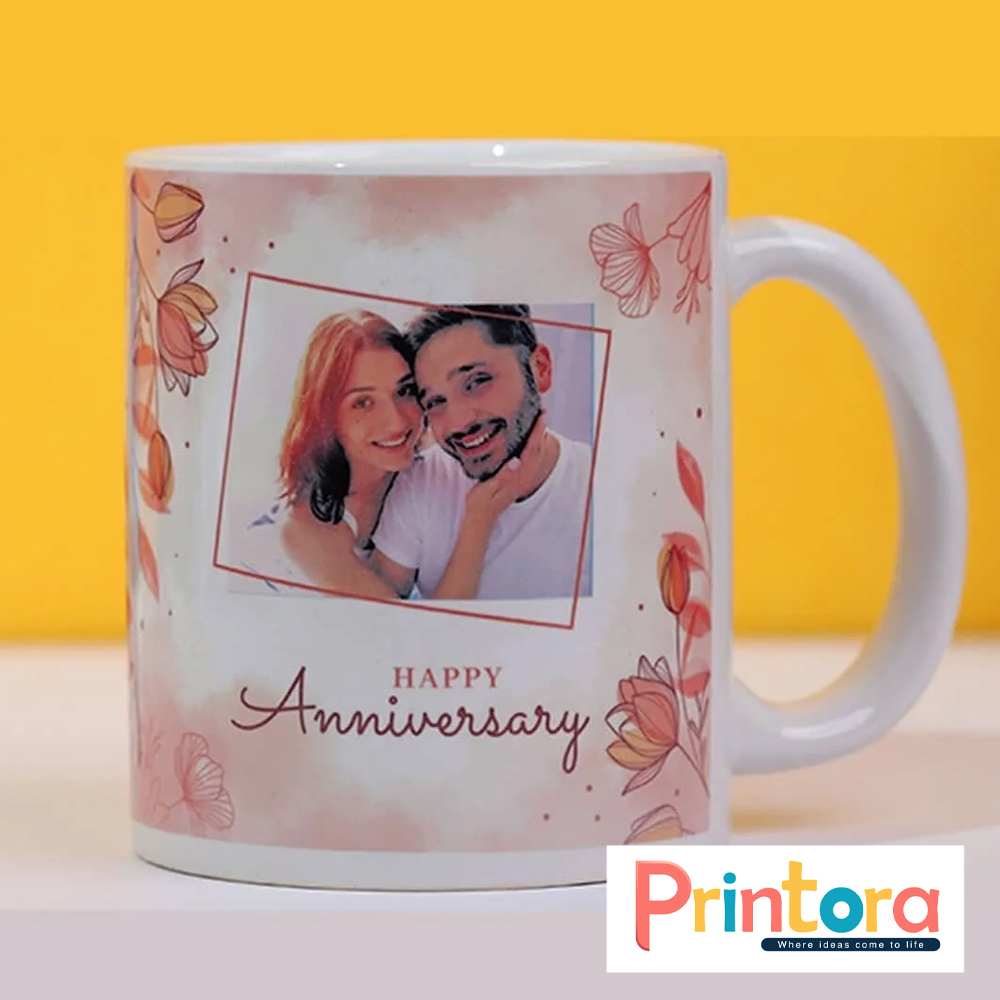Customized anniversary white mug with couple photo print and personalized names
