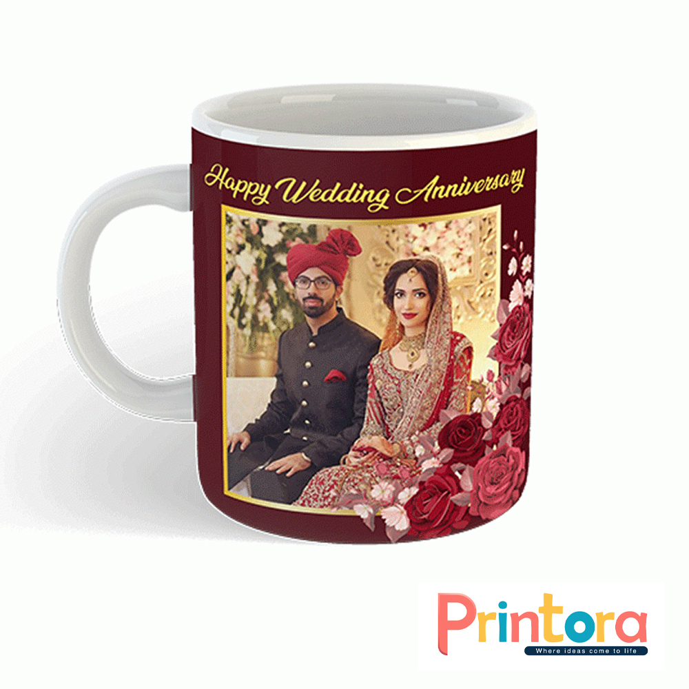 Customized anniversary white mug with couple photo print and personalized names