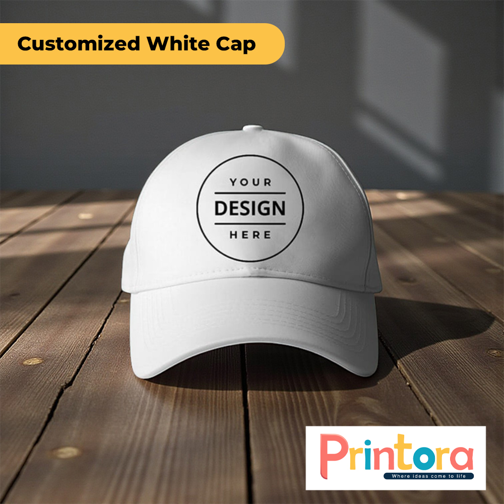 Customized White Cap with personalized logo design printed on premium white baseball hat in Pakistan