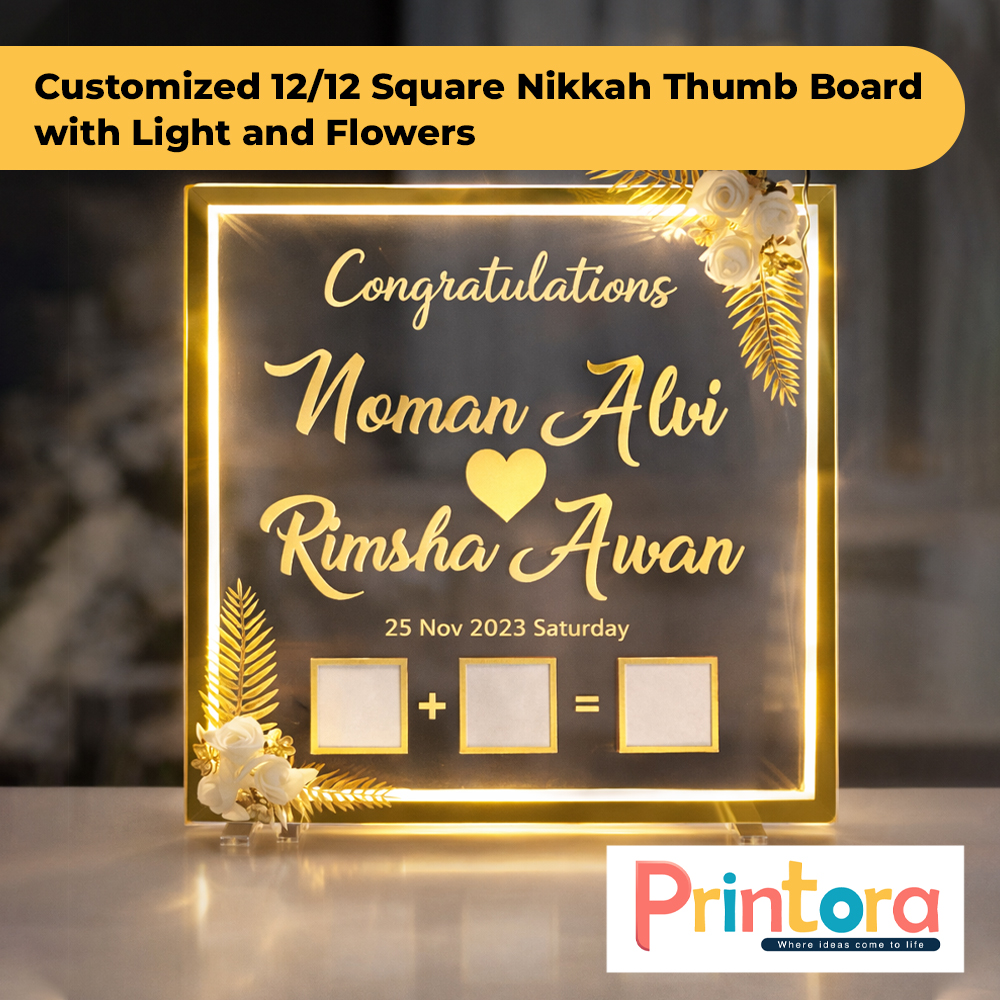 12x12 Square Nikkah Thumb Board with Light & Flowers