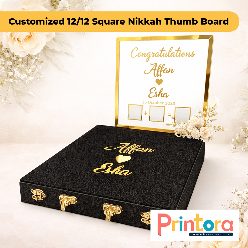 Premium 12x12 square Nikkah thumb impression board with gold frame, customized names, wedding date and matching presentation box for Pakistani weddings.