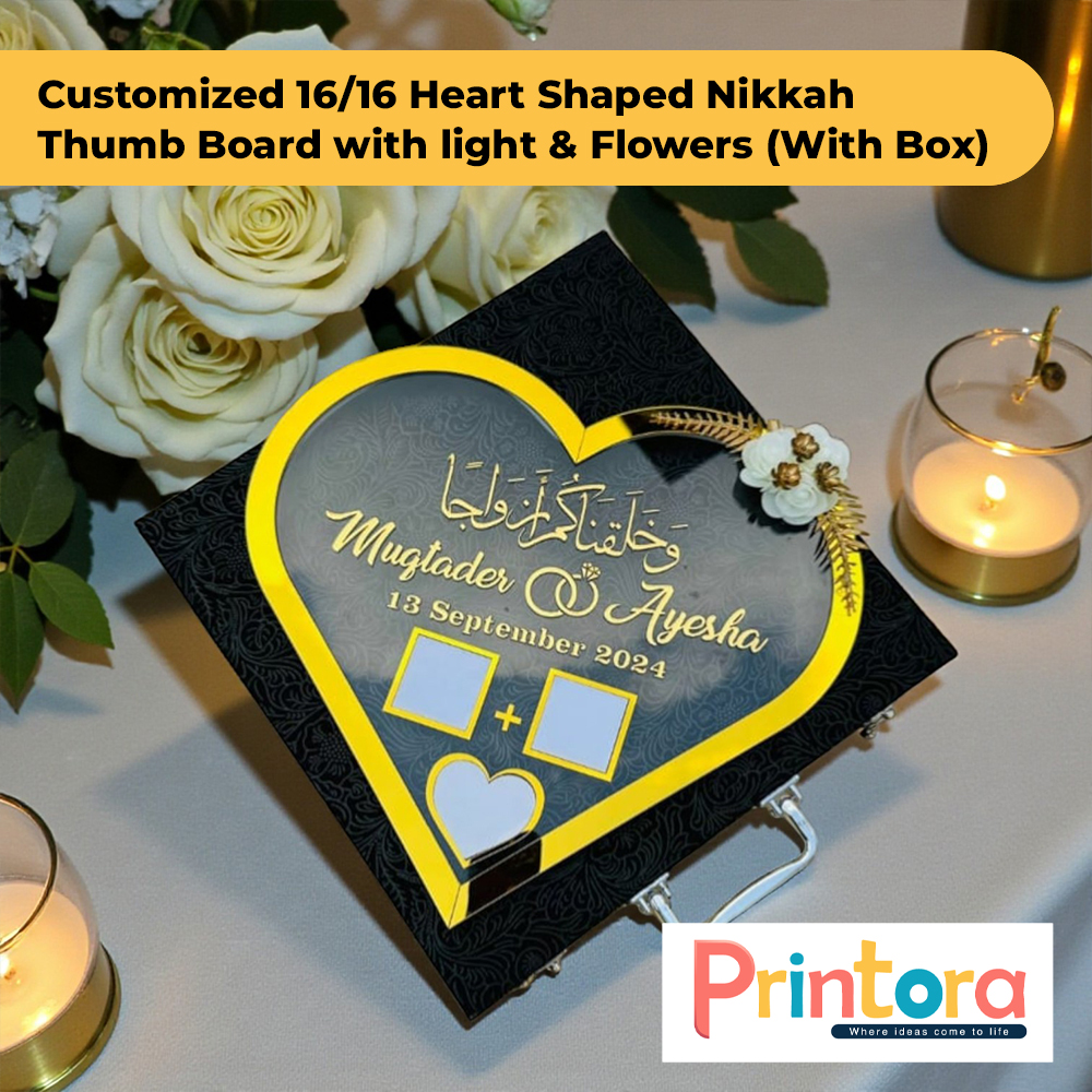 16x16 Heart Shaped Nikkah Thumb Board with Light & Flowers