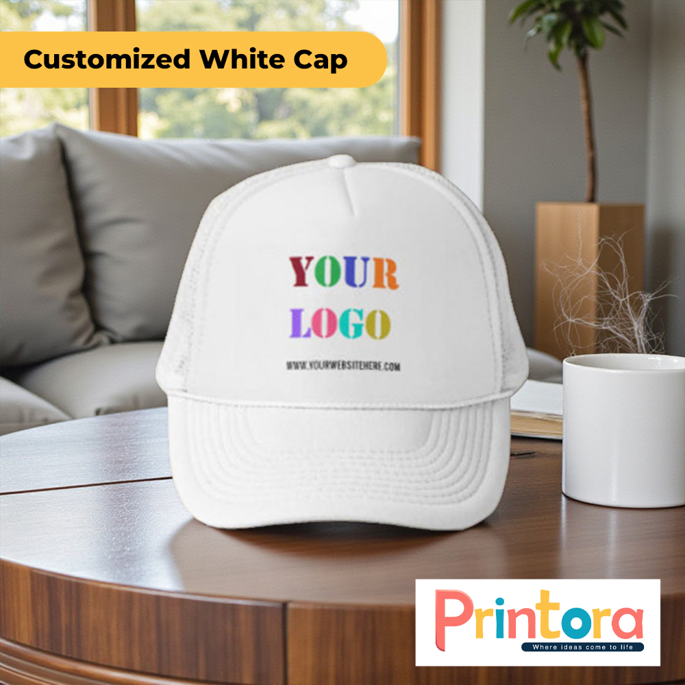 Customized White Cap with personalized logo design printed on premium white baseball hat in Pakistan