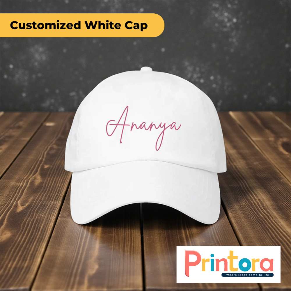 Customized White Cap with personalized logo design printed on premium white baseball hat in Pakistan
