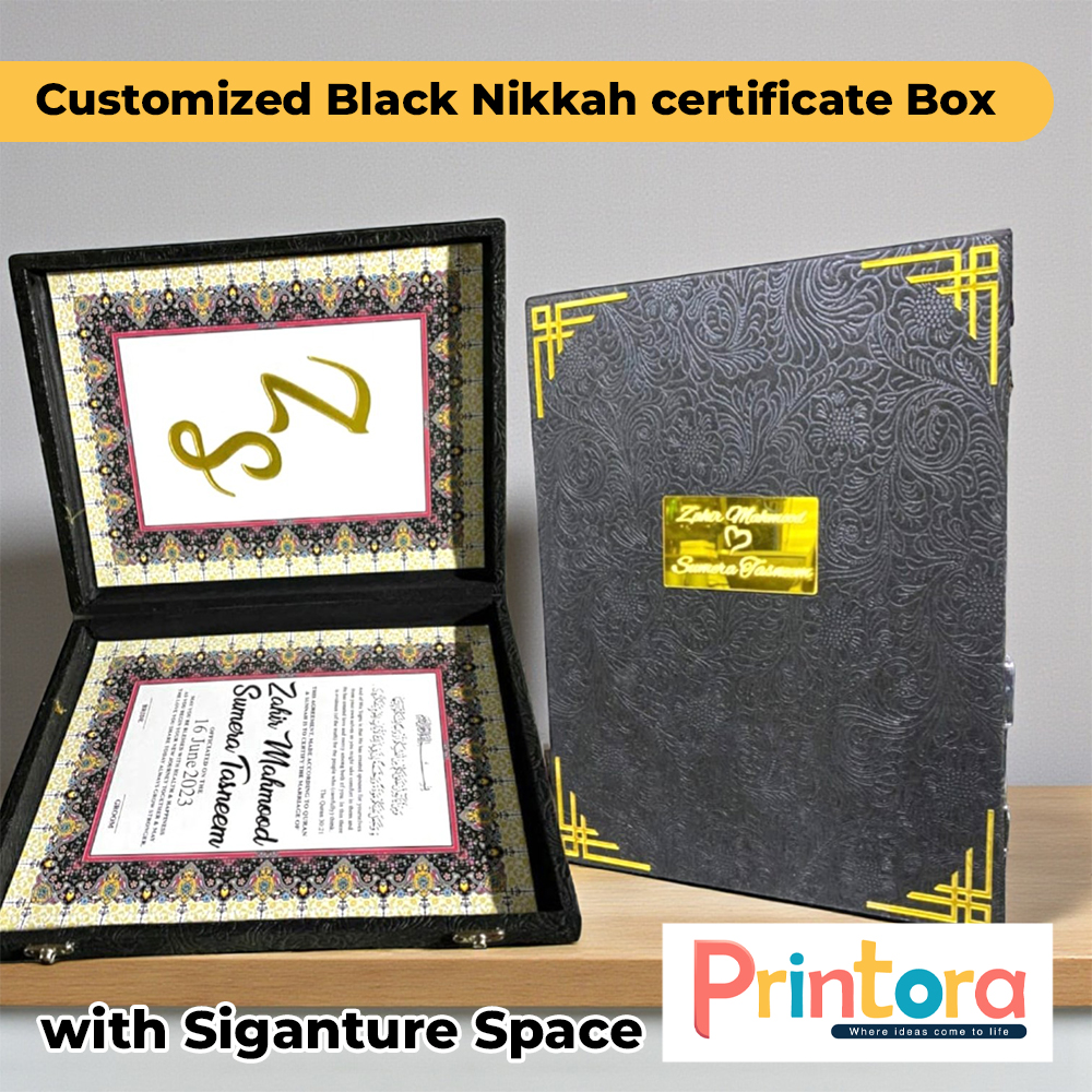 Premium black Nikkah certificate box with signature space. Elegant keepsake case for weddings and anniversaries in Pakistan.