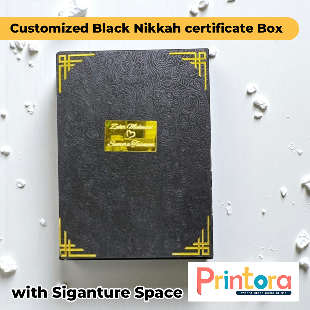 Premium black Nikkah certificate box with signature space. Elegant keepsake case for weddings and anniversaries in Pakistan.