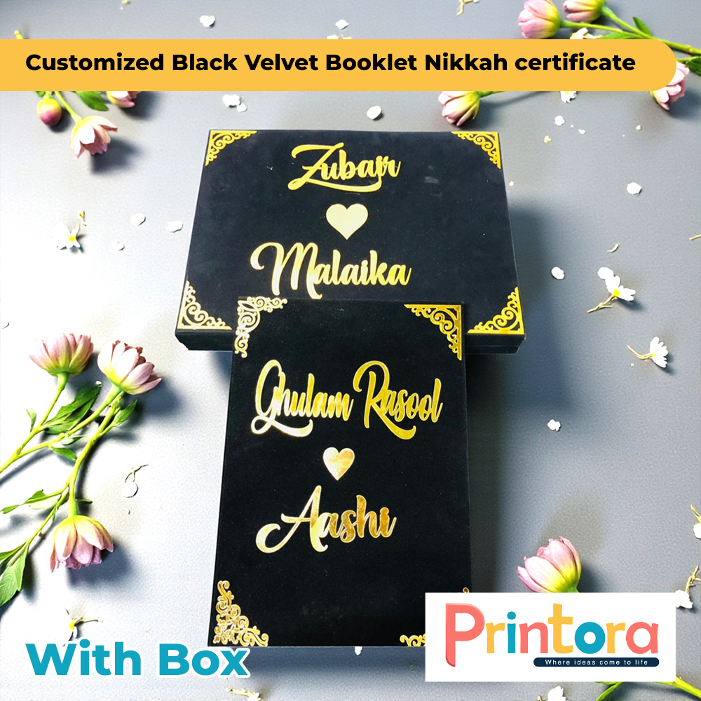 Luxury black velvet Nikkah certificate booklet with gold name customization and presentation box. Elegant wedding keepsake for Pakistani couples.