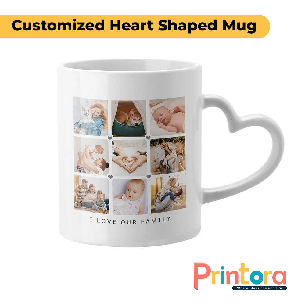 Customized heart shaped mug with red and white gradient and heart handle