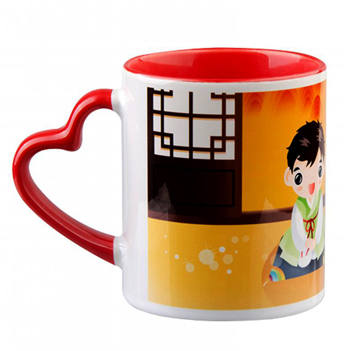 Customized heart shaped mug with red and white gradient and heart handle
