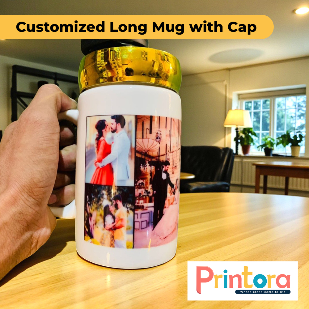 Customized long ceramic mug with cap and personalized photo print
