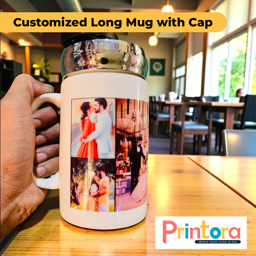 Customized long ceramic mug with cap and personalized photo print