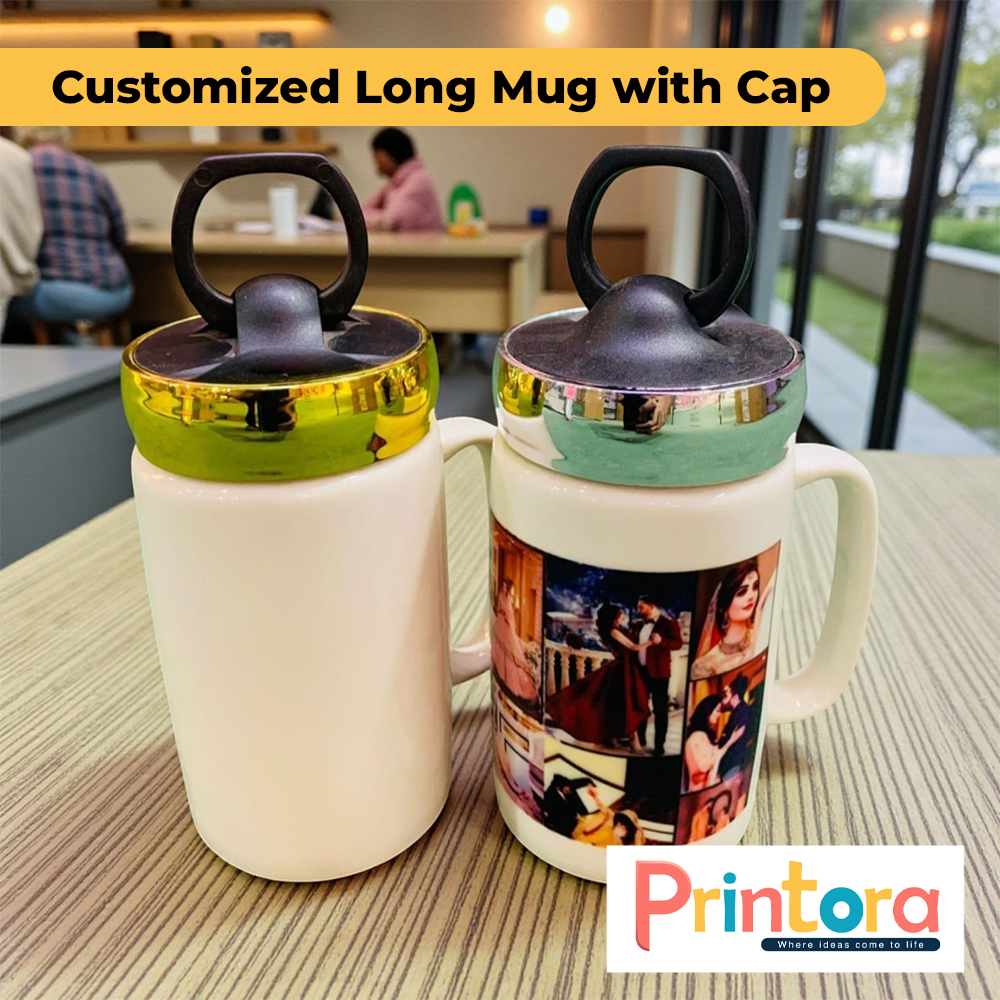 Customized long ceramic mug with cap and personalized photo print
