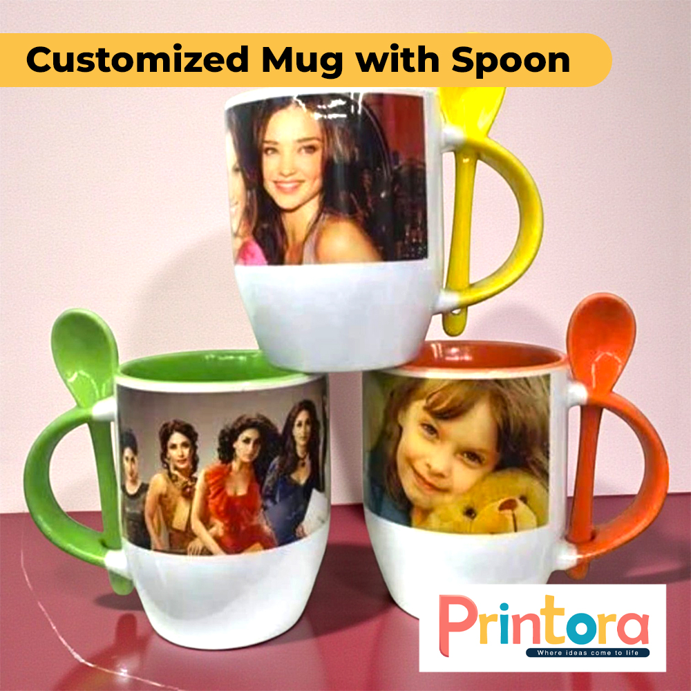 Customized ceramic mug with spoon and personalized photo print