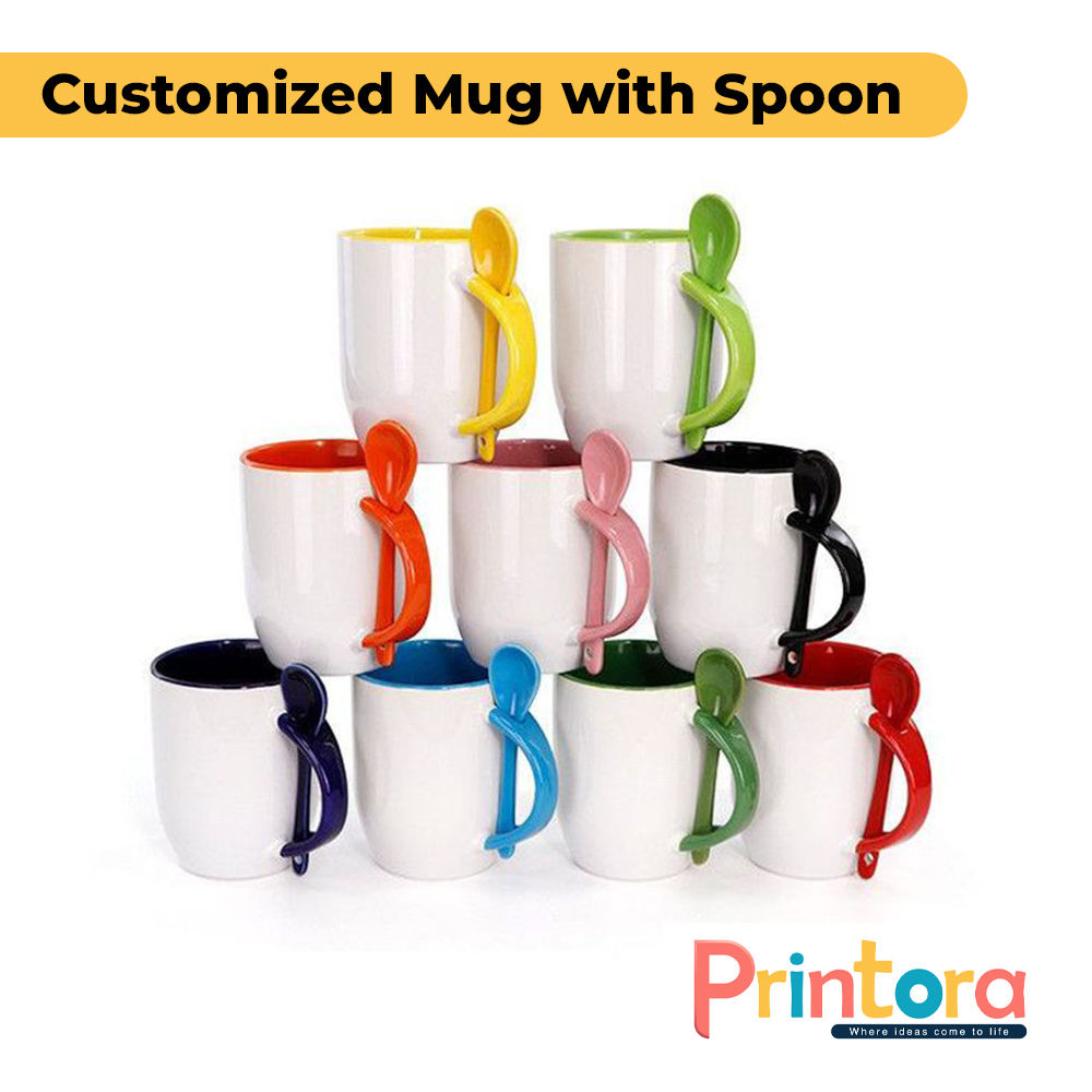 Customized ceramic mug with spoon and personalized photo print