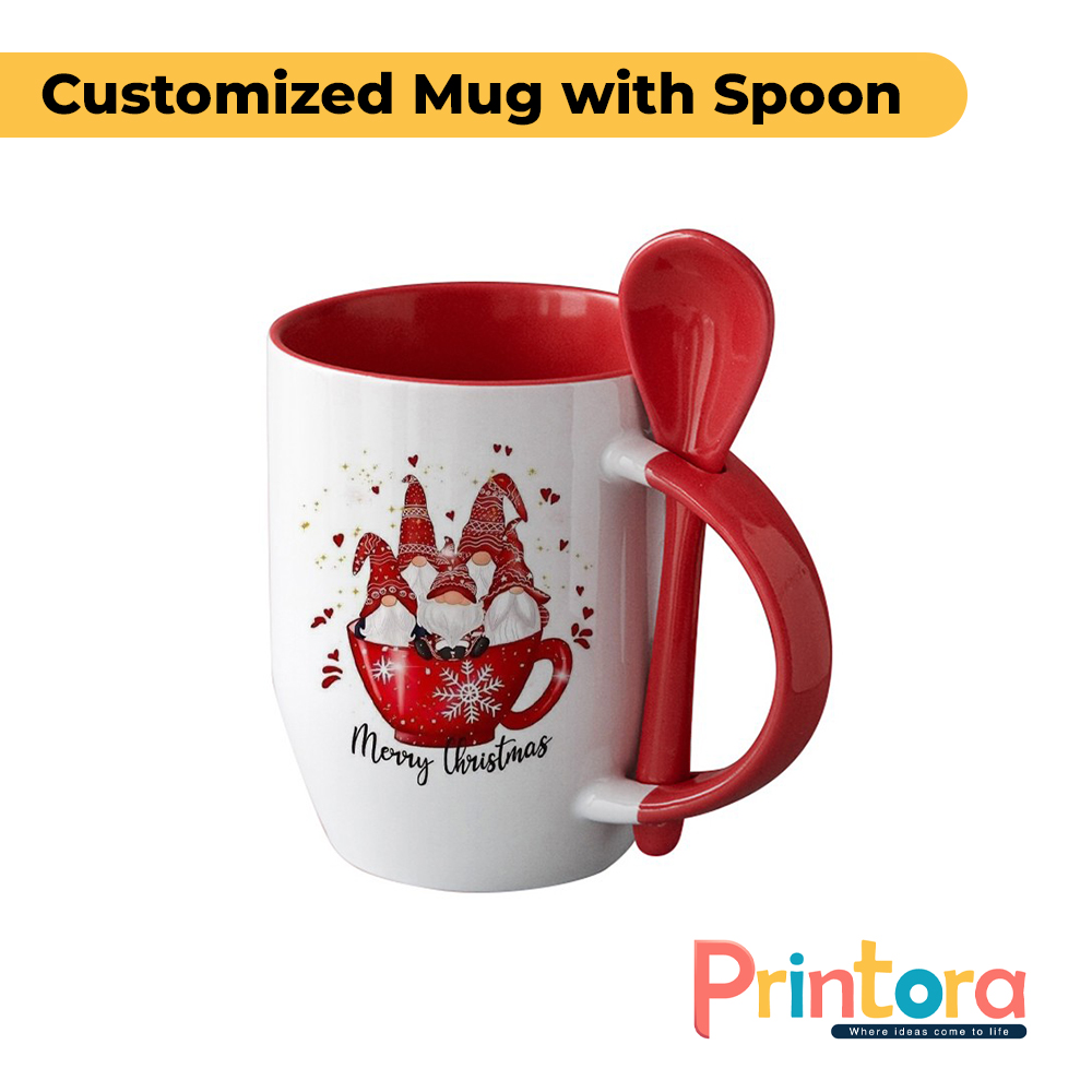 Customized ceramic mug with spoon and personalized photo print