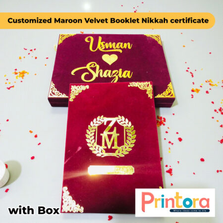 Maroon Velvet Nikkah Certificate Booklet with Box
