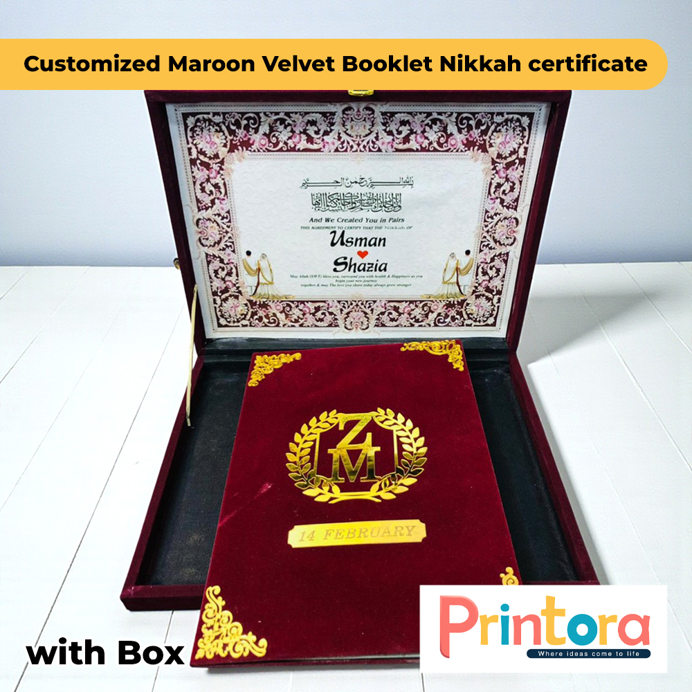 Maroon Velvet Nikkah Certificate Booklet with Box