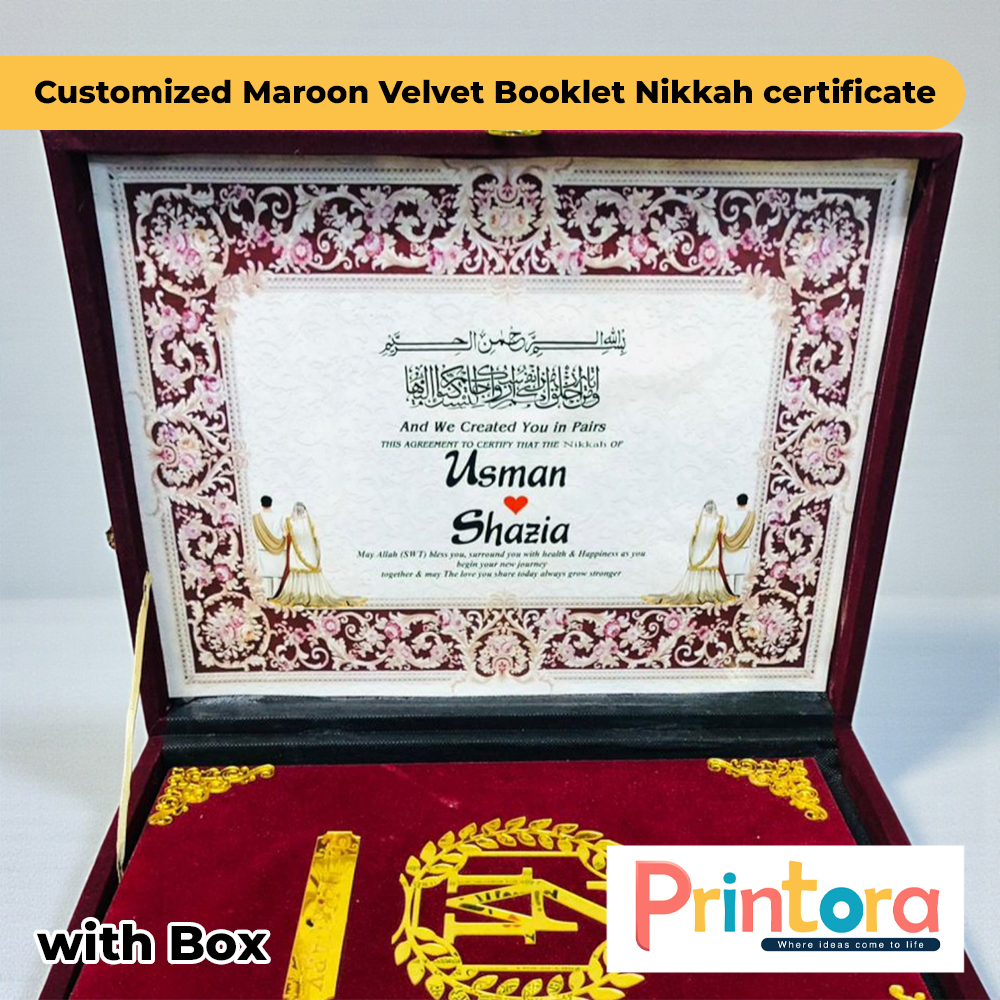 Maroon Velvet Nikkah Certificate Booklet with Box
