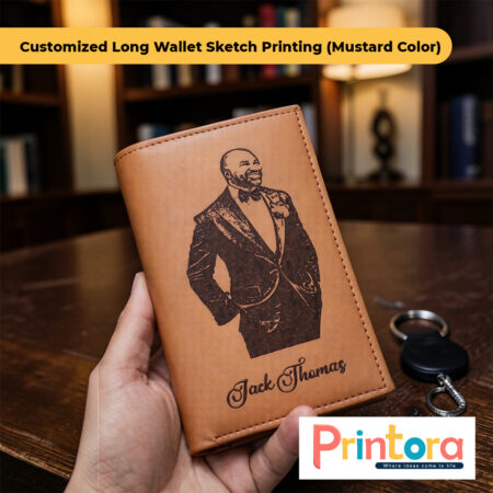 Long Wallet Sketch Printing Mustard Color Personalized Wallet for Men
