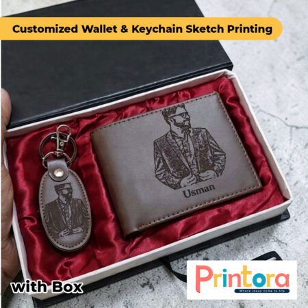 Wallet and Keychain Sketch Printing Brown and Mustard Customized Gift Set for Men