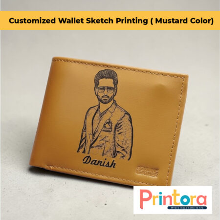 Long Wallet Sketch Printing Mustard Color Customized for Men Personalized Wallet