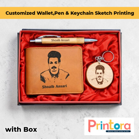 Wallet Pen and Keychain Sketch Printing Mustard Color Personalized Gift Set